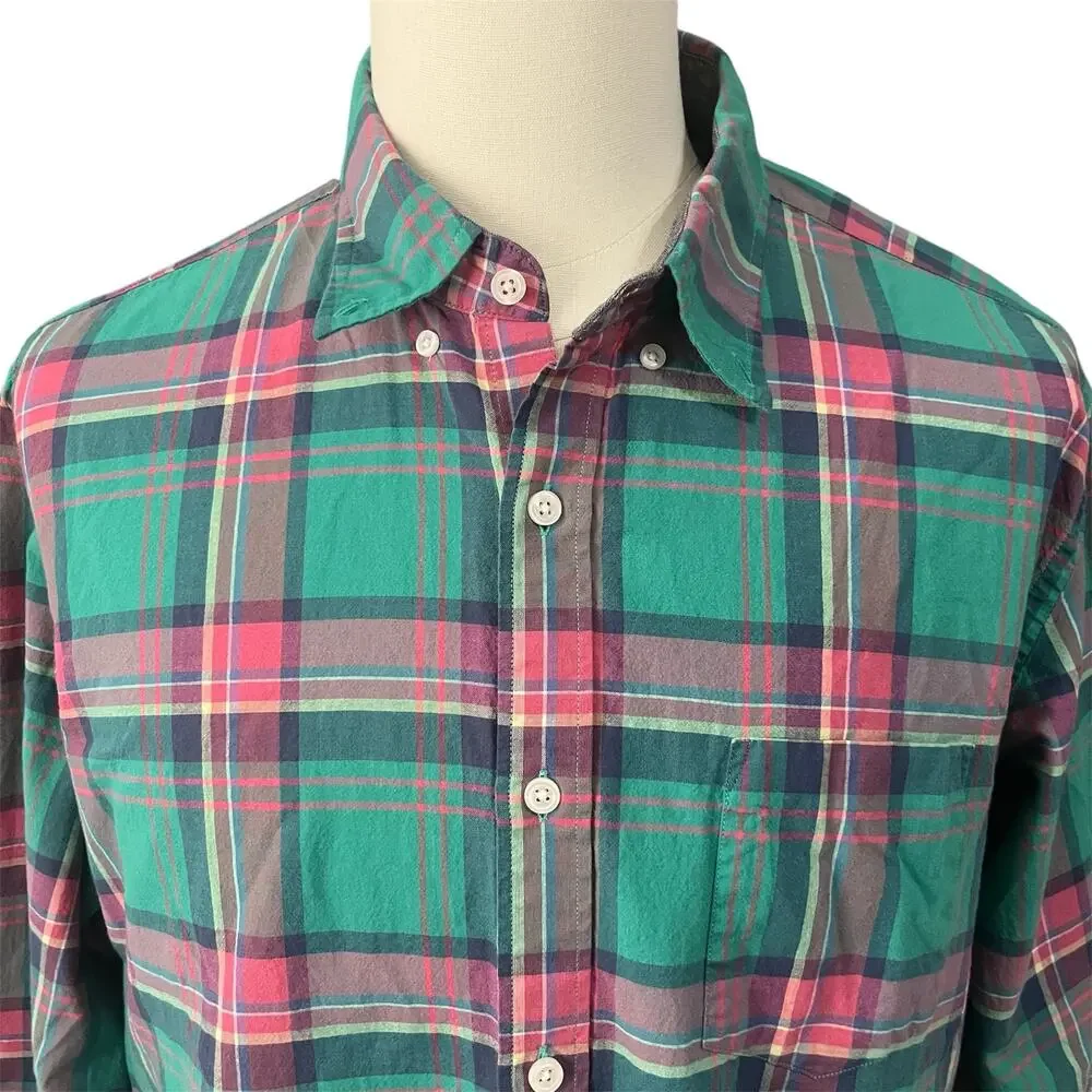 J. Crew Mens 100% Cotton Green Pink Plaid Button Down Shirt Sz XL Preppy Classic